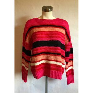 Allison Joy Pink, Red & Black Striped Loose Knit Sweater, Size Small